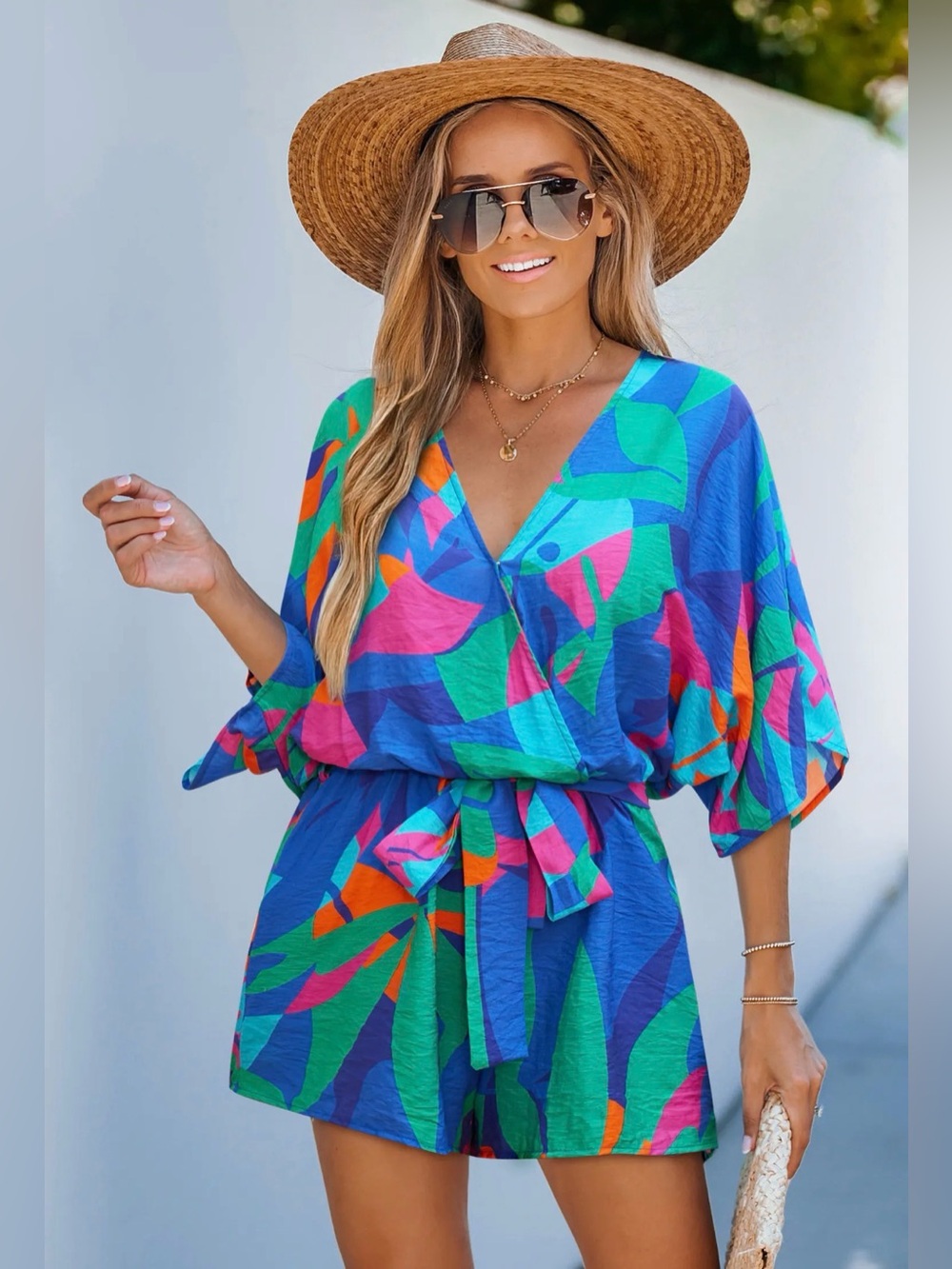 Cupshe ~ Blue Multi-Color Surplice Beach Romper - NWT - XL